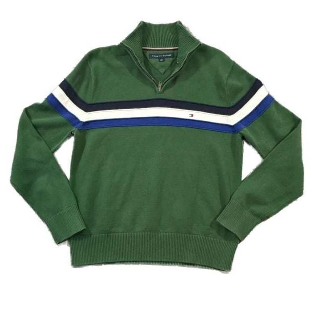 Tommy Hilfiger Men's Green 1/4 Zip Stripe Chest Pullover Sweater Size Large